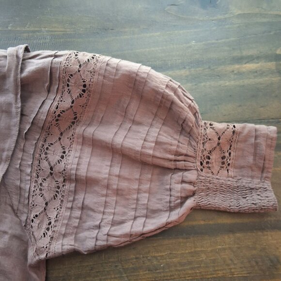 Free People One Sydney Blouse Semi-Sheer Crochet Accents Smocked Waist Sz S Moch - Picture 7 of 10